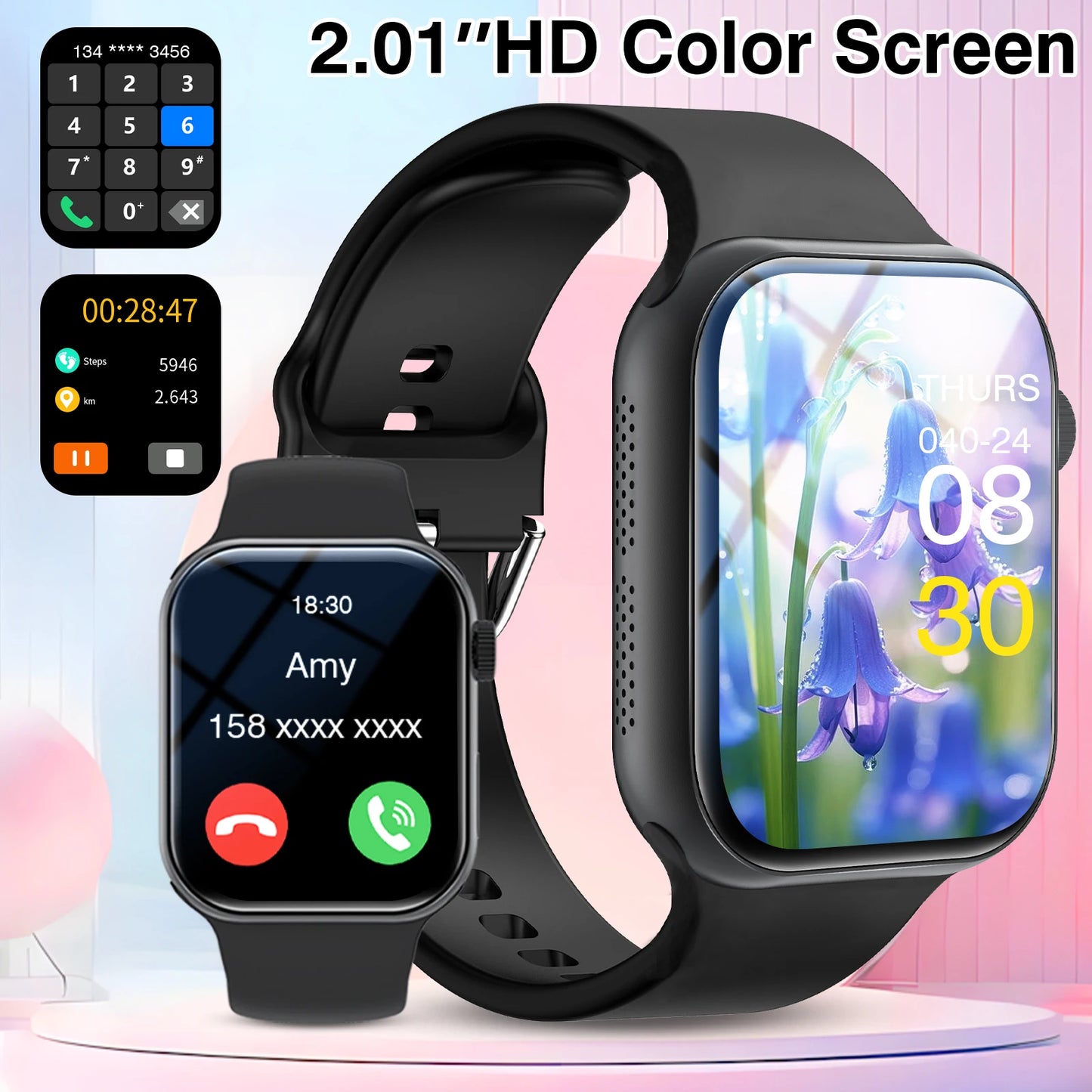 Black BackupMyFilesNow.com smart watch with wireless call dial, multi-sport mode, app reminders, compatible with iPhone and Android.