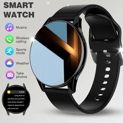 Black BackupMyFilesNow T2Pro smart watch with wireless call dial, multi-sport mode, app reminders, compatible with iPhone and Android.