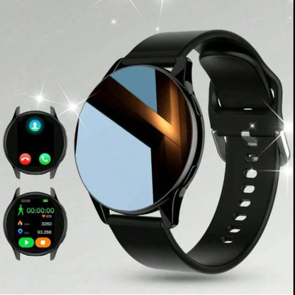 Black BackupMyFilesNow.com smart watch with wireless call, multi-sport mode, app reminders, compatible with iPhone and Android devices.