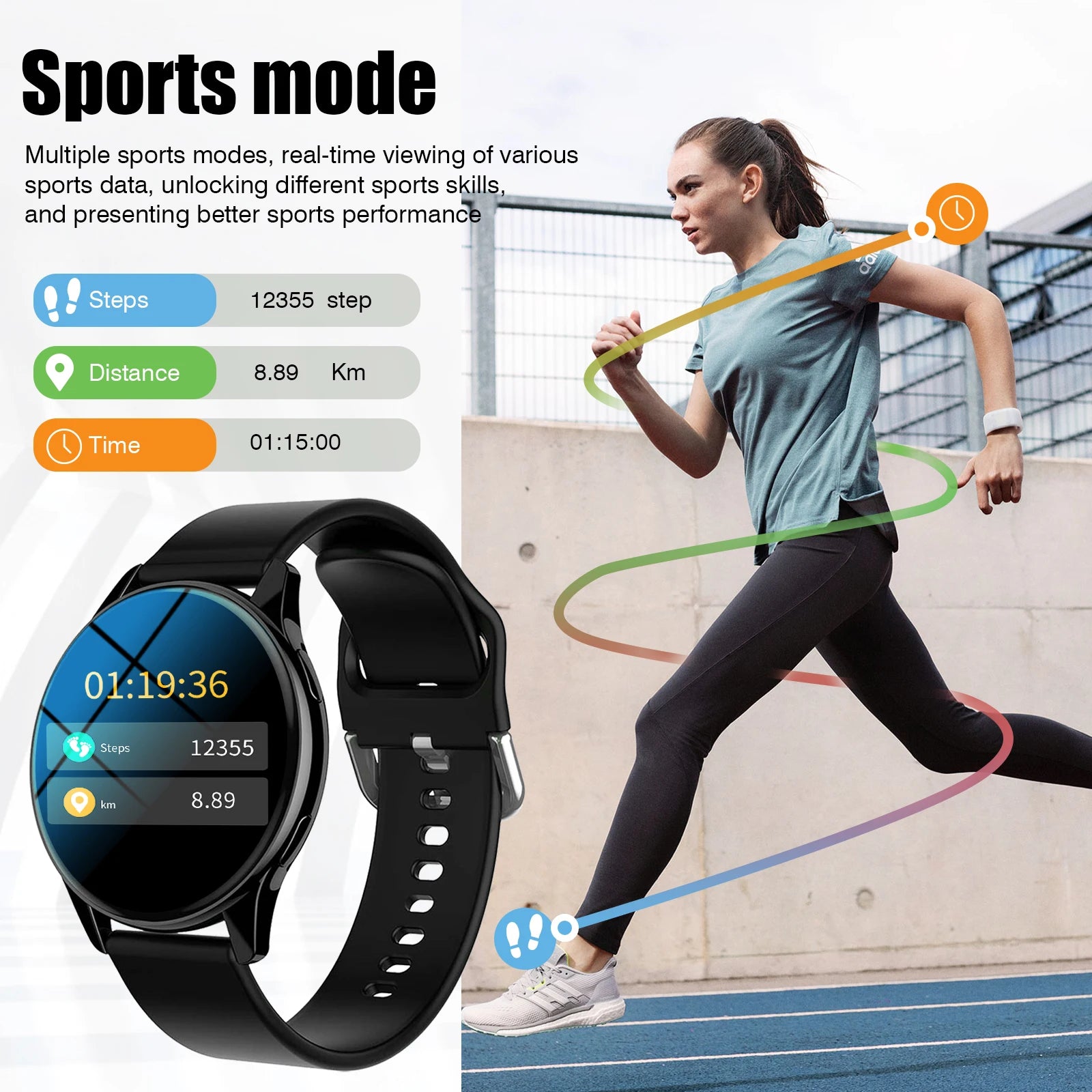 Black BackupMyFilesNow T2Pro smart watch with wireless call dial, multi-sport mode, app reminders, compatible with iPhone and Android.