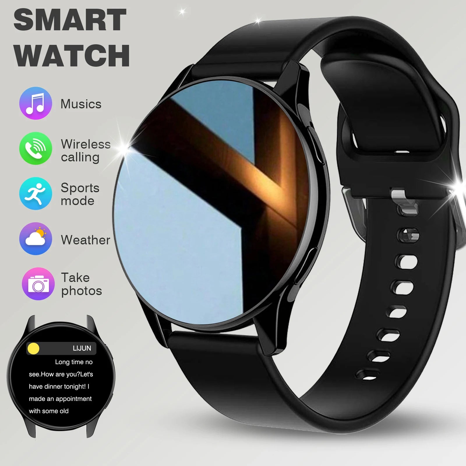 Black BackupMyFilesNow.com smart watch with wireless call dial, multi-sport mode, app reminders, compatible with iPhone and Android.