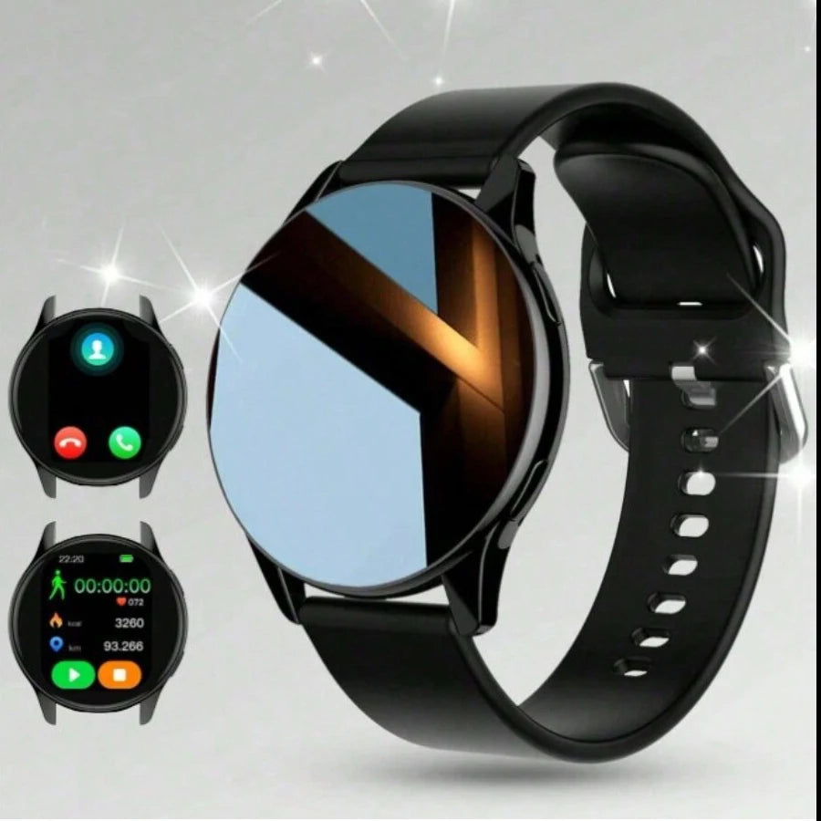 Black BackupMyFilesNow Smart Watch with wireless call dial, multi-sport mode, and app reminders, compatible with iPhone and Android.