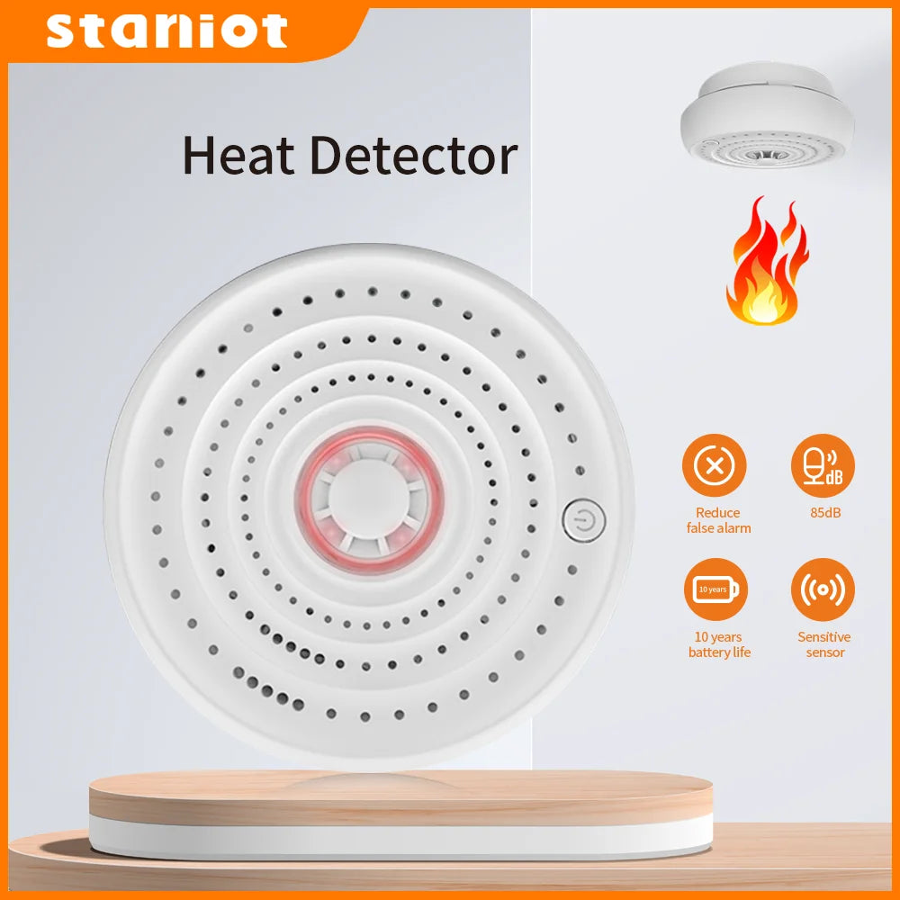 Wireless heat detector for smart home, BackupMyFilesNow.com, with high-decibel alarm and fireproof temperature sensor.