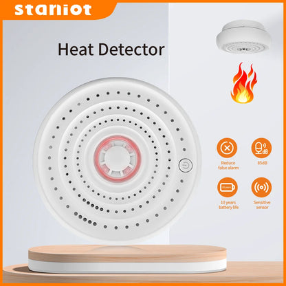 Wireless heat detector for smart home, BackupMyFilesNow.com, with high-decibel alarm and fireproof temperature sensor.