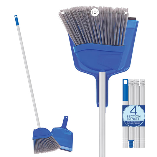 Angle broom with dustpan, lightweight aluminum handle, recycled soda bottle bristles, swivel hang cap, 9.25-inch head, indoor use