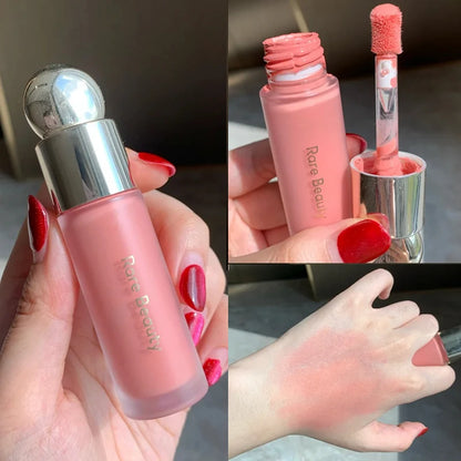 Rare Beauty Soft Pinch Matte Bouncy Cream-to-Powder Blush in airy, lightweight liquid form, natural makeup look with a soft pink shade.