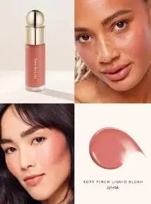 Rare Beauty Soft Pinch Matte Bouncy Cream-to-Powder Blush in airy, lightweight formula with natural makeup finish on a model's cheek.