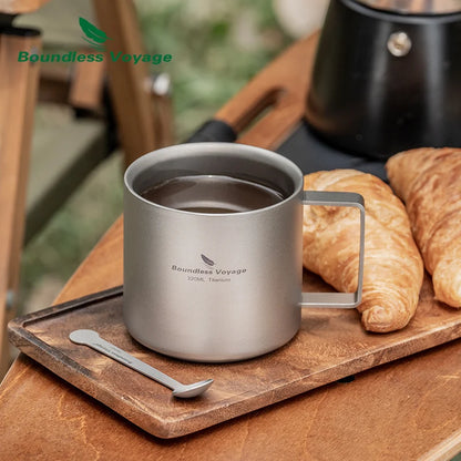 Boundless Voyage titanium double-wall mini camping mug, 220ml lightweight outdoor coffee cup with handle, outdoor tableware.