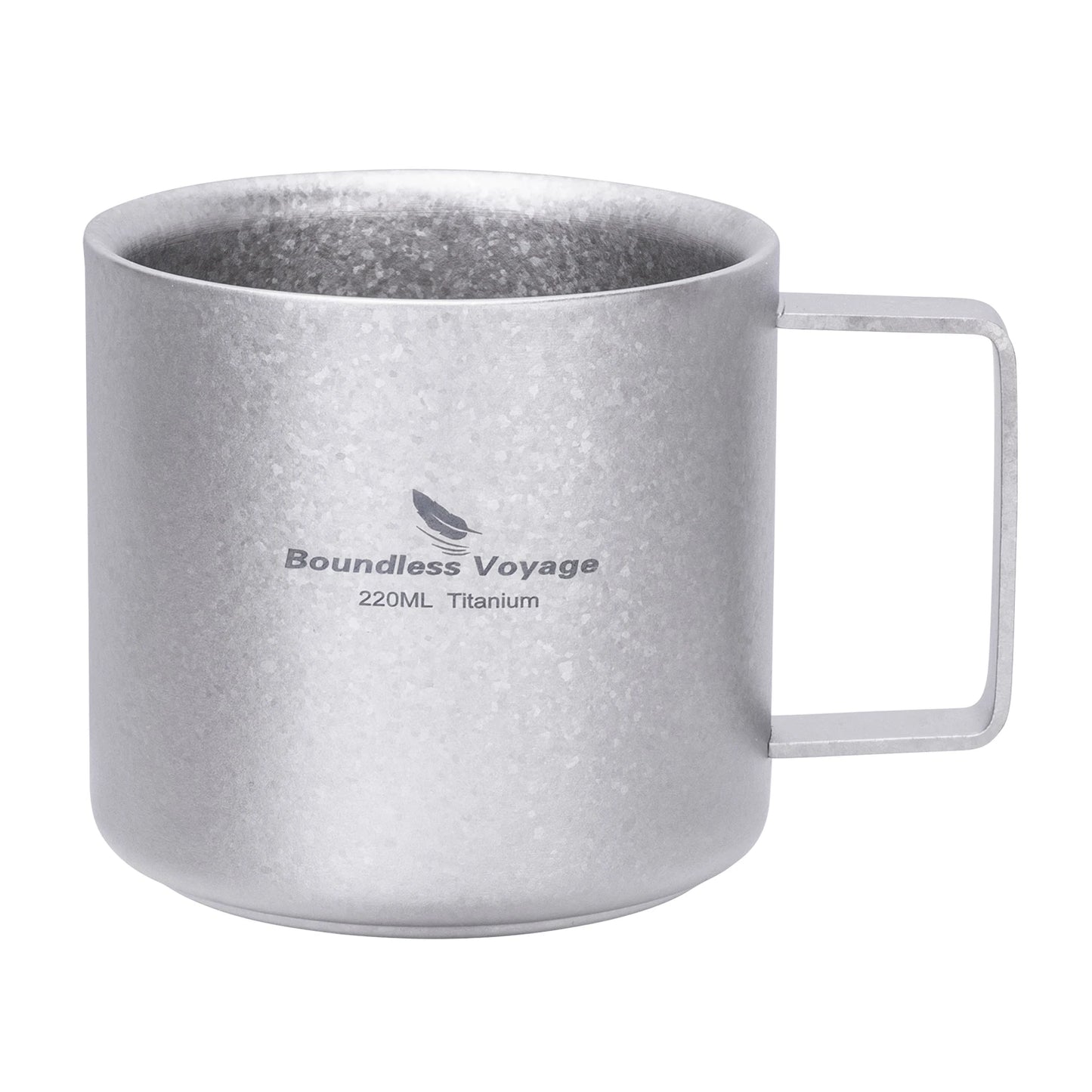 Titanium double-wall camping mug with black handle, 220ml capacity, lightweight outdoor tableware for hot drinks