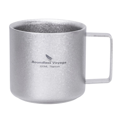 Titanium double-wall camping mug with black handle, 220ml capacity, lightweight outdoor tableware for hot drinks