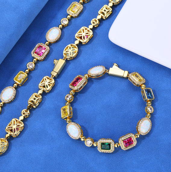 Gold-plated hip-hop gemstone necklace with titanium chain, 16 inches long, featuring colorful gemstone accents.