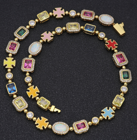 Gold-plated hip-hop gemstone necklace with titanium chain, 16 inches long, featuring vibrant gemstones for stylish jewelry.
