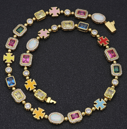 Gold-plated hip-hop gemstone necklace with titanium chain, 16 inches long, featuring vibrant gemstones for stylish jewelry.