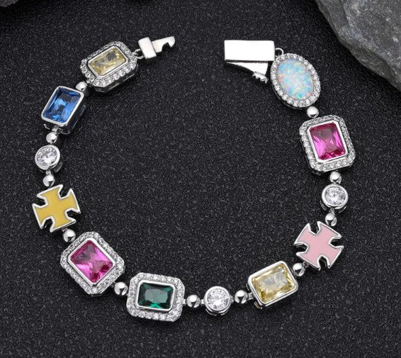 Gold-plated hip-hop gemstone necklace with titanium chain, 16 inches long, featuring vibrant gemstone accents, stylish and bold jewelry piece.