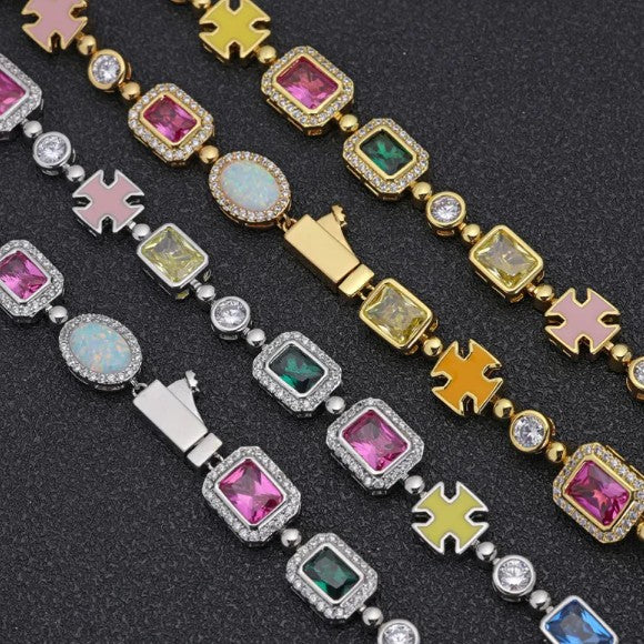 Gold-plated hip-hop gemstone necklace with titanium chain, 16 inches long, featuring colorful gemstone accents.