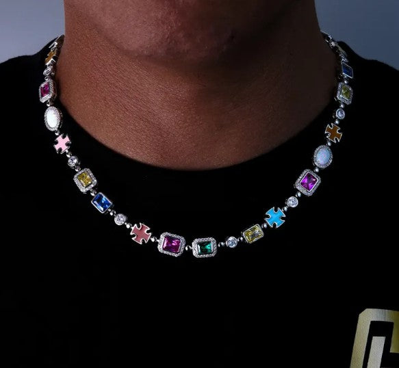 Gold-plated hip-hop gemstone necklace with a titanium chain, 16 inches long, featuring colorful gemstones for stylish jewelry.