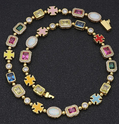 Gold-plated hip-hop gemstone necklace with 16-inch titanium chain, featuring colorful gemstones for a stylish look.