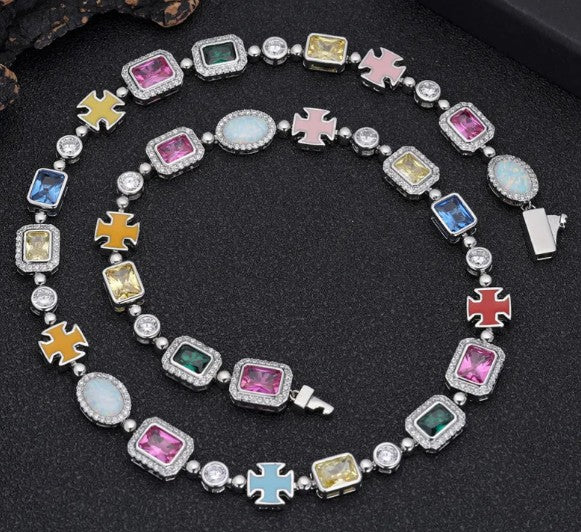 Gold-plated titanium hip-hop gemstone necklace, 16 inches long, featuring colorful gemstones and bold style.