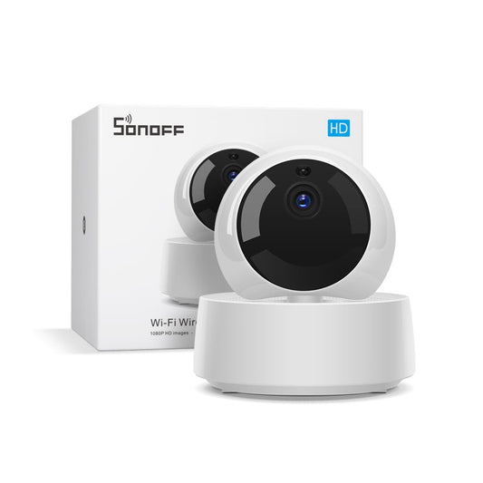 Sonoff 1080P HD WiFi security camera with motion detection for home surveillance, featuring a compact camera with adjustable mount.
