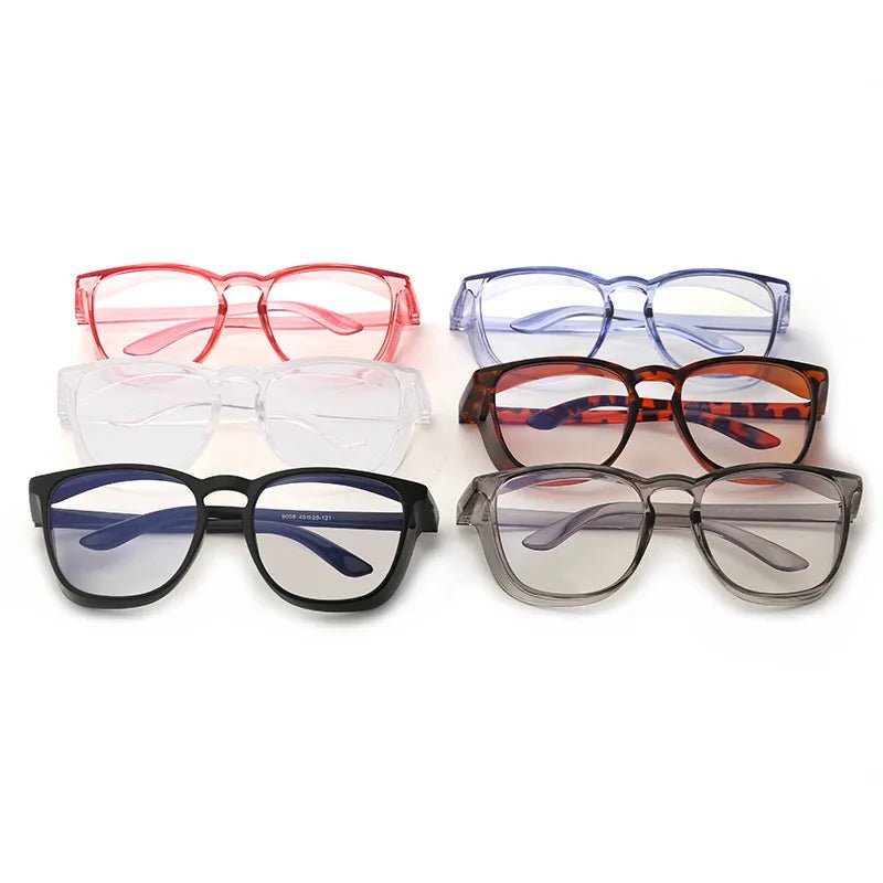 Transparent blue safety glasses with anti-splash, debris, sand, and shock-resistant features for riding and outdoor protection.