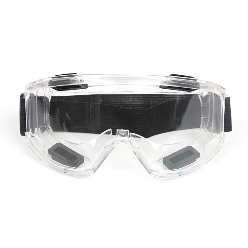Clear anti-fog safety glasses with adjustable straps, designed for riding, skiing, and sports, offering splash and dust protection.