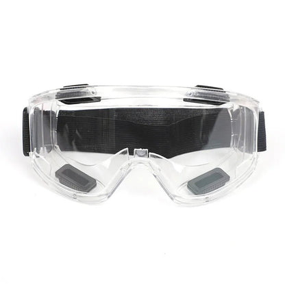 Clear anti-fog safety glasses with adjustable straps, designed for riding, skiing, and sports, offering splash and dust protection.