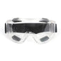 Clear anti-fog safety glasses with adjustable straps, designed for riding, skiing, and sports, offering splash and dust protection.