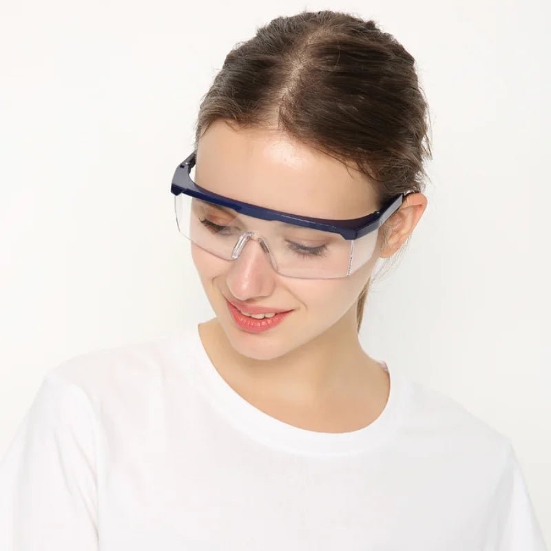 Transparent anti-splash safety goggles by BACKUPMYFILESNOW.COM® with windproof dustproof protective lenses for work and cycling.