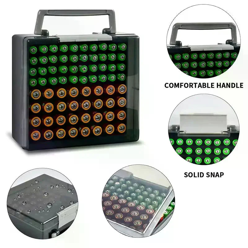 Transparent battery storage organizer by BackupMyFilesNow.com holding 72 AA and AAA batteries for garage or home drawer organization.