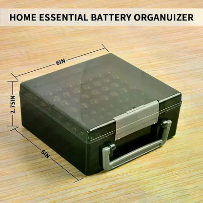 Transparent battery storage organizer holds 72 AA and AAA batteries, ideal for garage, home, or drawer organization.