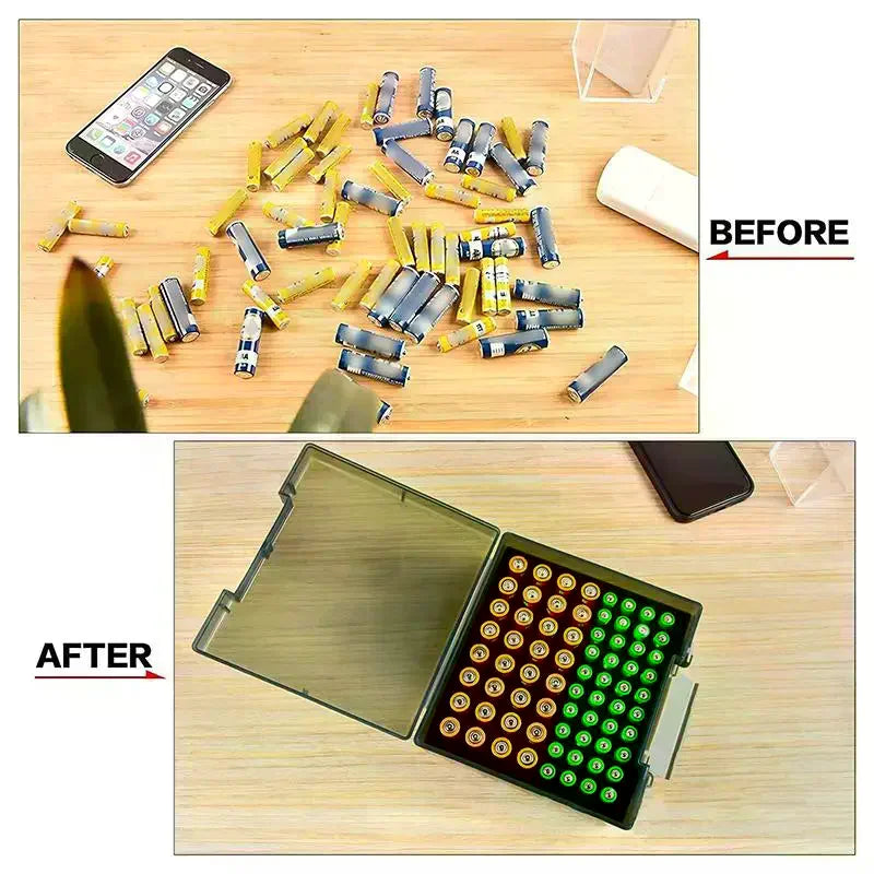 Transparent battery storage organizer holds 72 AA and AAA batteries, ideal for garage or home drawer organization.