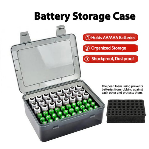 Black 54-slot battery storage case holding 24 AA and 30 AAA batteries, organized for home drawer storage.