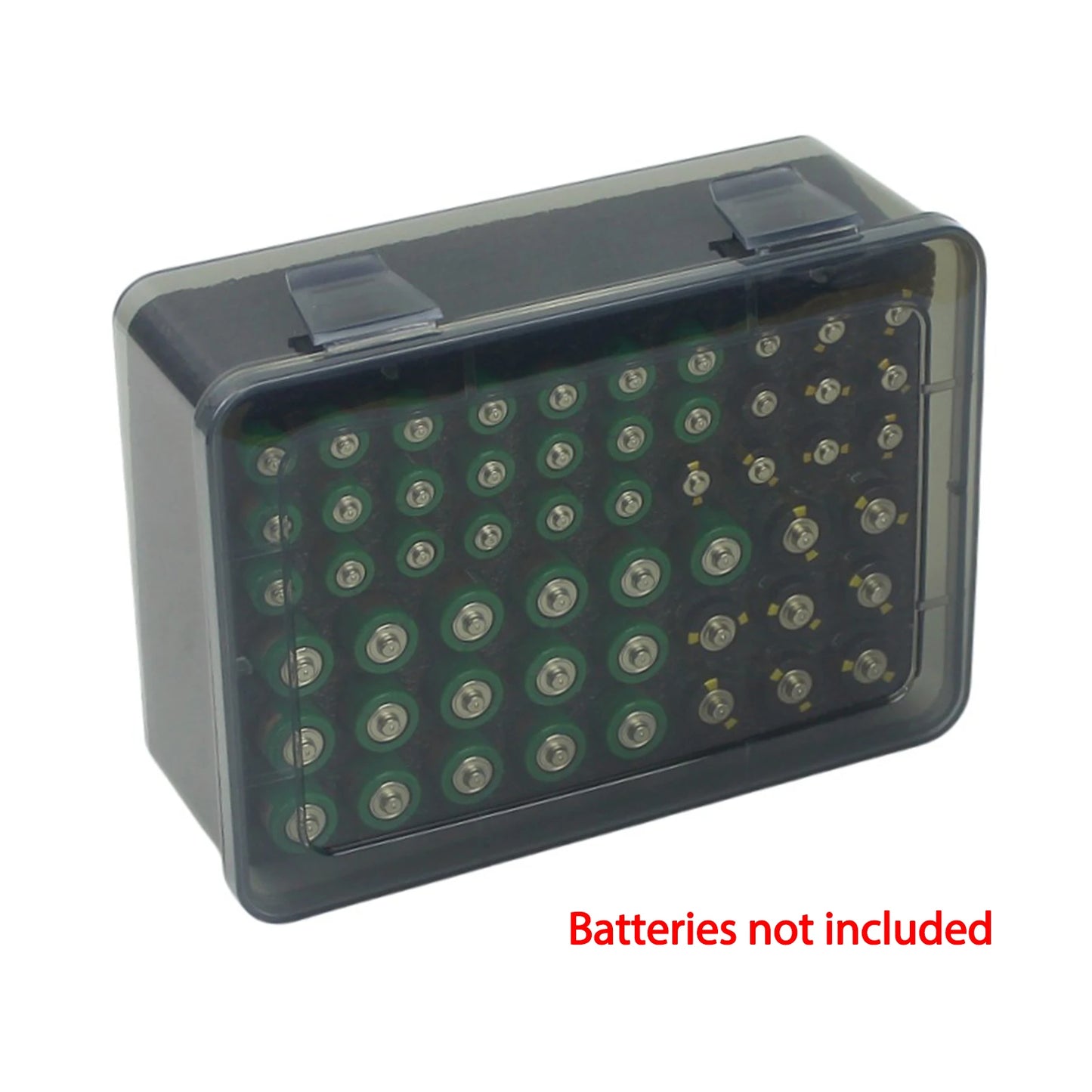 Black 54-slot battery storage case holding 24 AA and 30 AAA batteries for organized home drawer storage.