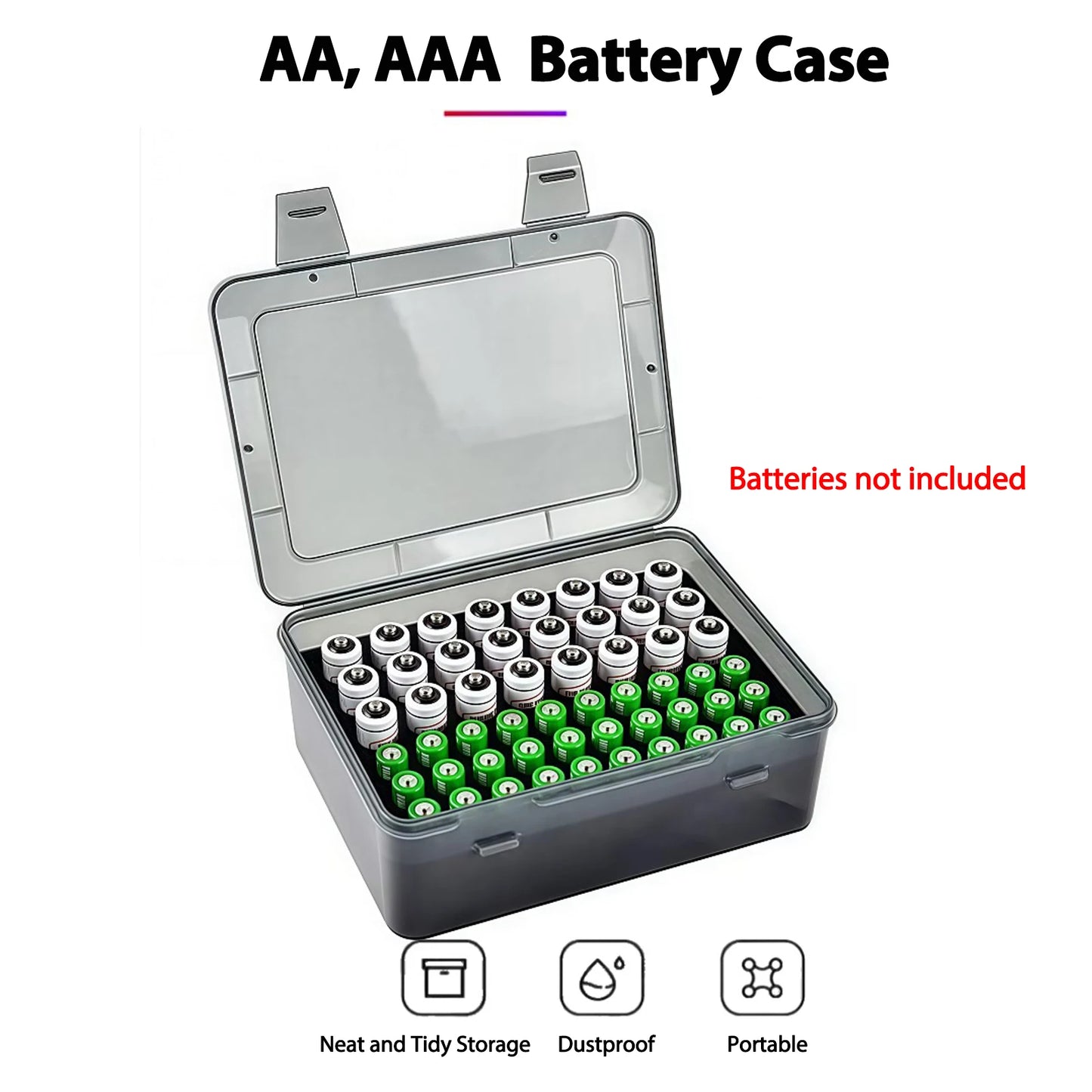 Black 54-slot Battery Storage Case holding 24 AA and 30 AAA batteries, organized for home drawer storage.