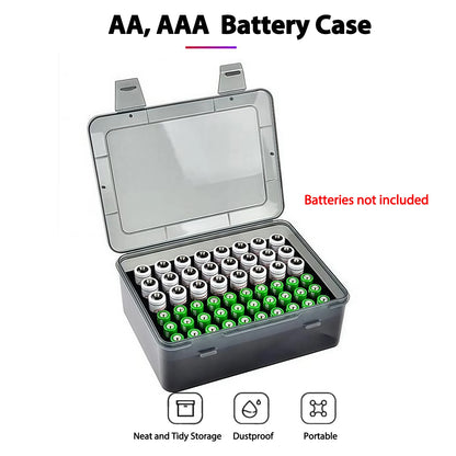 Black 54-slot Battery Storage Case holding 24 AA and 30 AAA batteries, organized for home drawer storage.