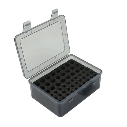 Black 54-slot battery storage case holding 24 AA and 30 AAA batteries, ideal for home organization and drawer storage.