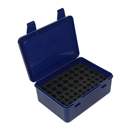 Black 54-slot battery storage case holding 24 AA and 30 AAA batteries, ideal for home drawer organization and battery storage.