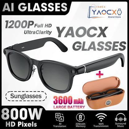 Smart glasses with transparent lenses, 800W HD camera, 3600mAh charging case, AI voice assistant, anti-shake, and stylish design.