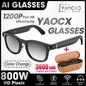 2026 new smart glasses with HD camera, 3600mAh charging case, anti-shake, AI voice assistant, and fashionable transparent lenses.
