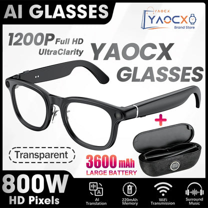 Smart glasses with transparent lenses, 800W HD camera, 3600mAh charging case, AI voice assistant, anti-shake, and stylish design.