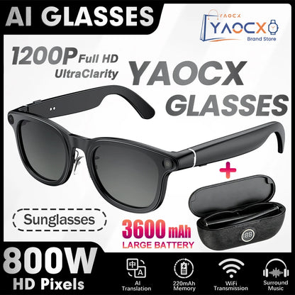BackupMyFilesNow.com 2026 Smart Glasses with transparent lenses, 800W HD camera, 3600mAh case, AI voice assistant, anti-shake, stylish design.