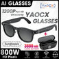 Transparent smart glasses with HD camera, 3600mAh case, AI voice assistant, anti-shake, and fashionable design.