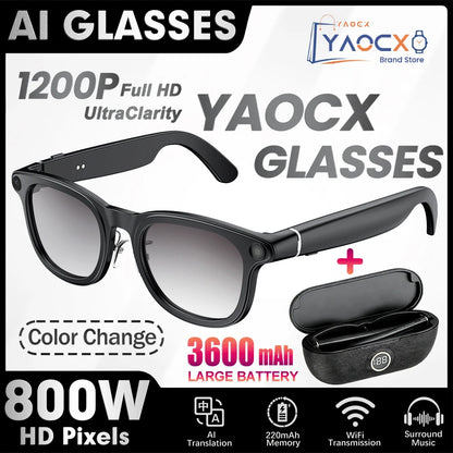 BackupMyFilesNow.com 2026 Smart Glasses with transparent lenses, 800W HD camera, AI voice assistant, and 3600mAh charging case