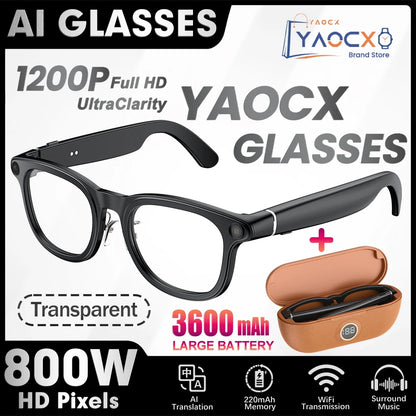 BackupMyFilesNow.com 2026 smart glasses with transparent lenses, 800W HD camera, 3600mAh charging case, AI voice assistant, anti-shake.