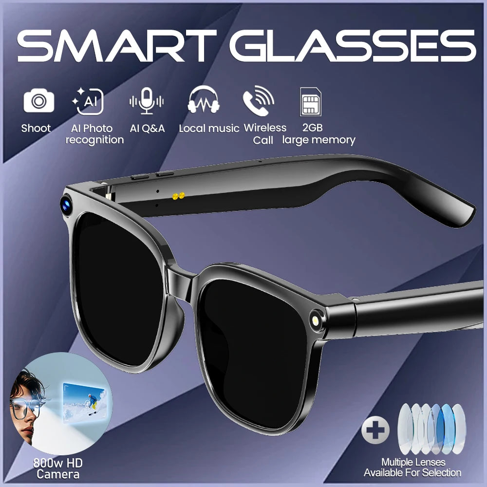 Smart AI translation smart glasses with 4K camera, Bluetooth music, object recognition, and intelligent recording features.