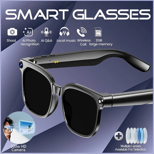 Smart AI translation smart glasses with 4K camera, Bluetooth music, object recognition, and intelligent recording features.