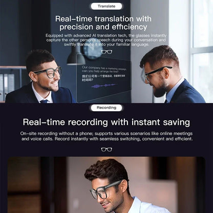 Smart AI translation glasses with 4K camera, Bluetooth, object recognition, and intelligent recording for photos, calls, and music.