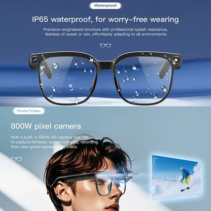 Smart AI translation smart glasses with 4K camera, Bluetooth, object recognition, and intelligent recording features.