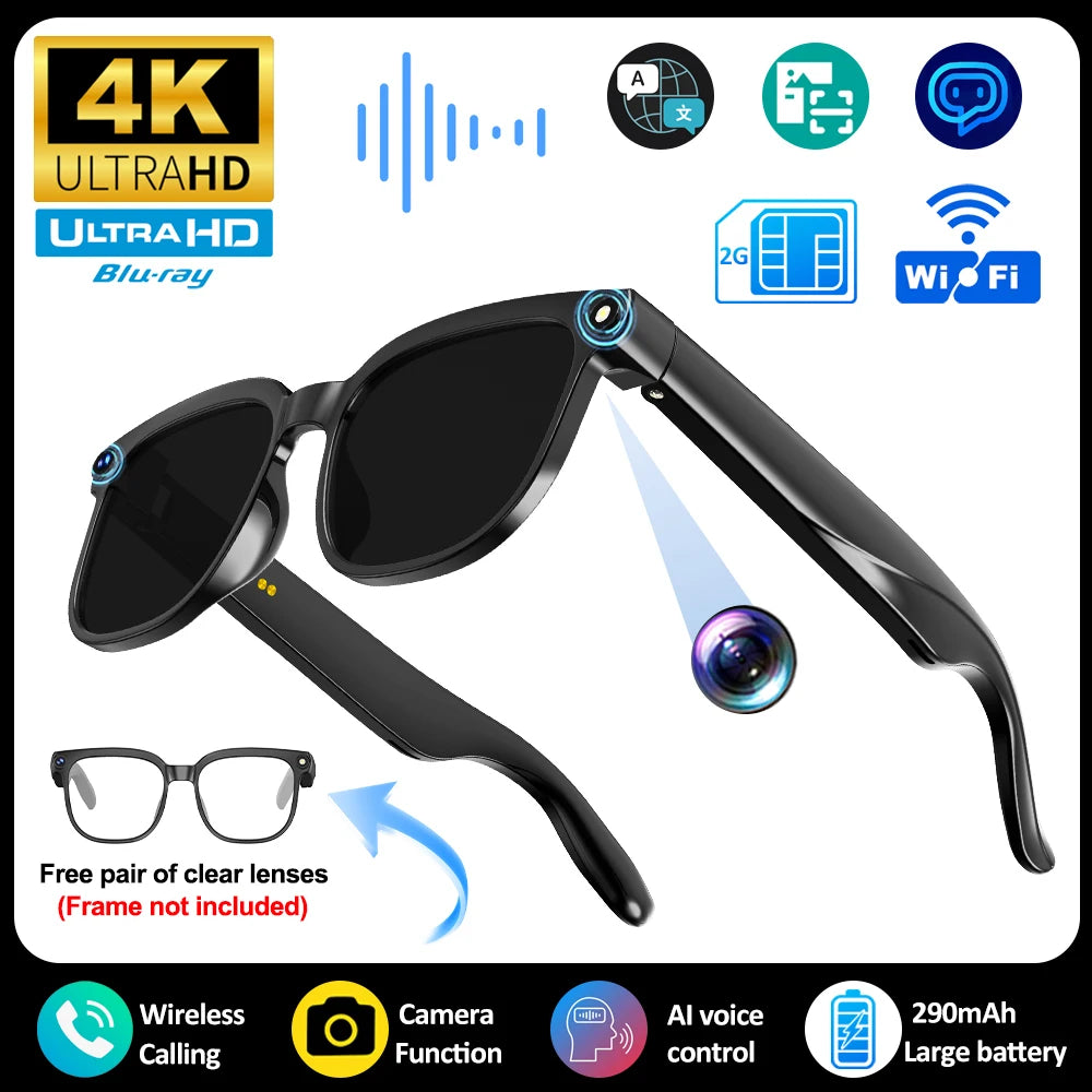 Smart AI translation glasses with 4K camera, Bluetooth, and intelligent recording for photos, object recognition, music, and calls.