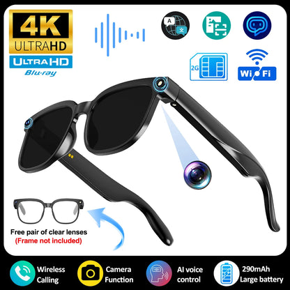 Smart AI translation glasses with 4K camera, Bluetooth, and intelligent recording for photos, object recognition, music, and calls.